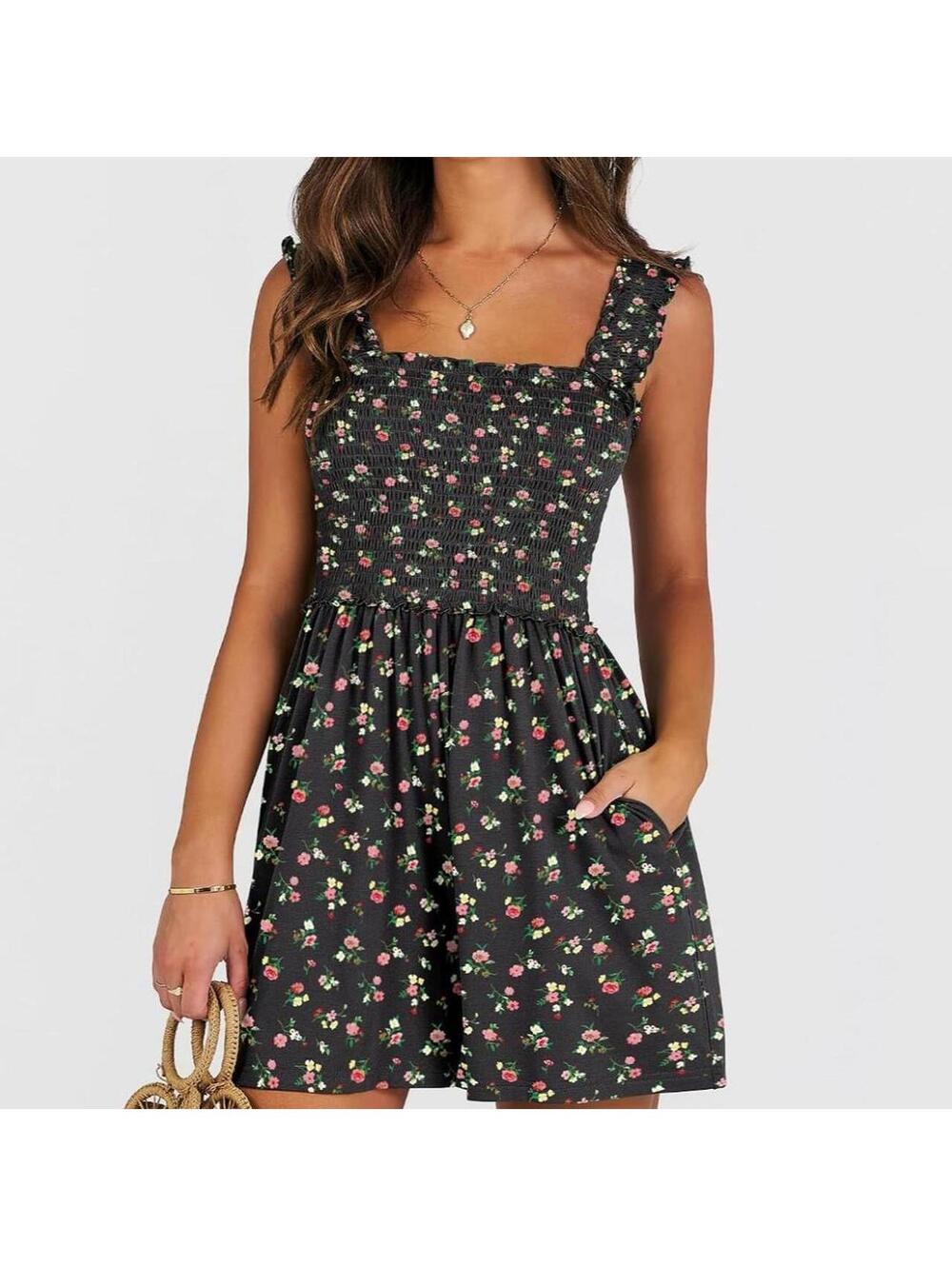 Black Floral Romper with Pockets, Size Medium, New with Tags